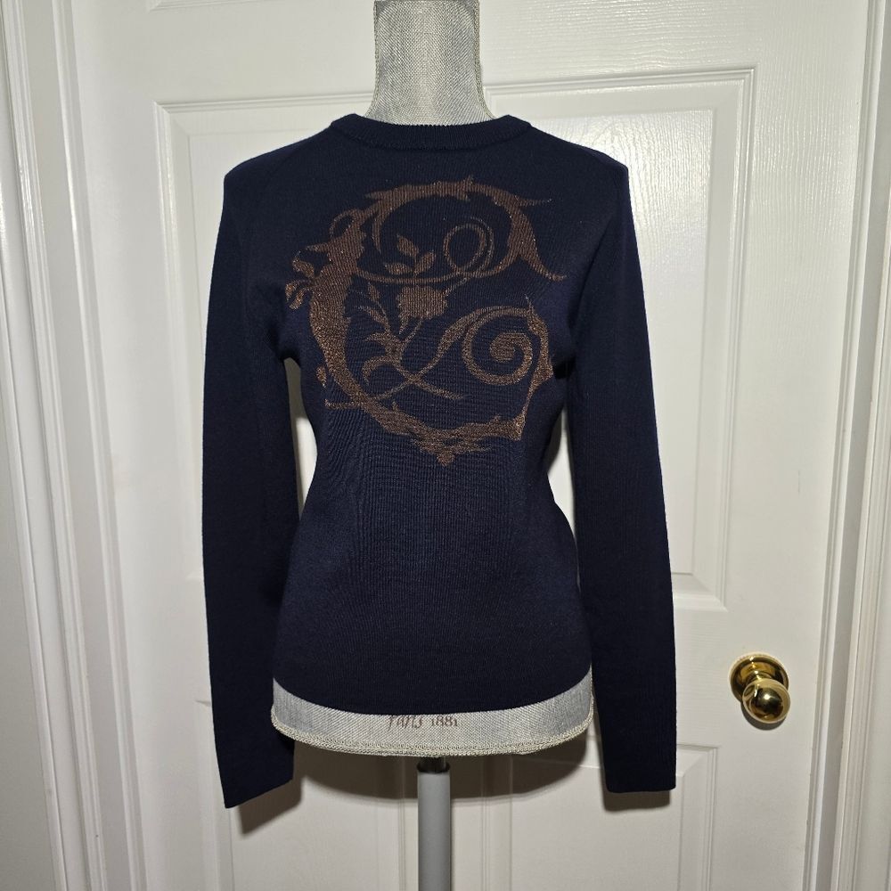 Chloe Navy Crewneck Sweater with Brown Logo Motif